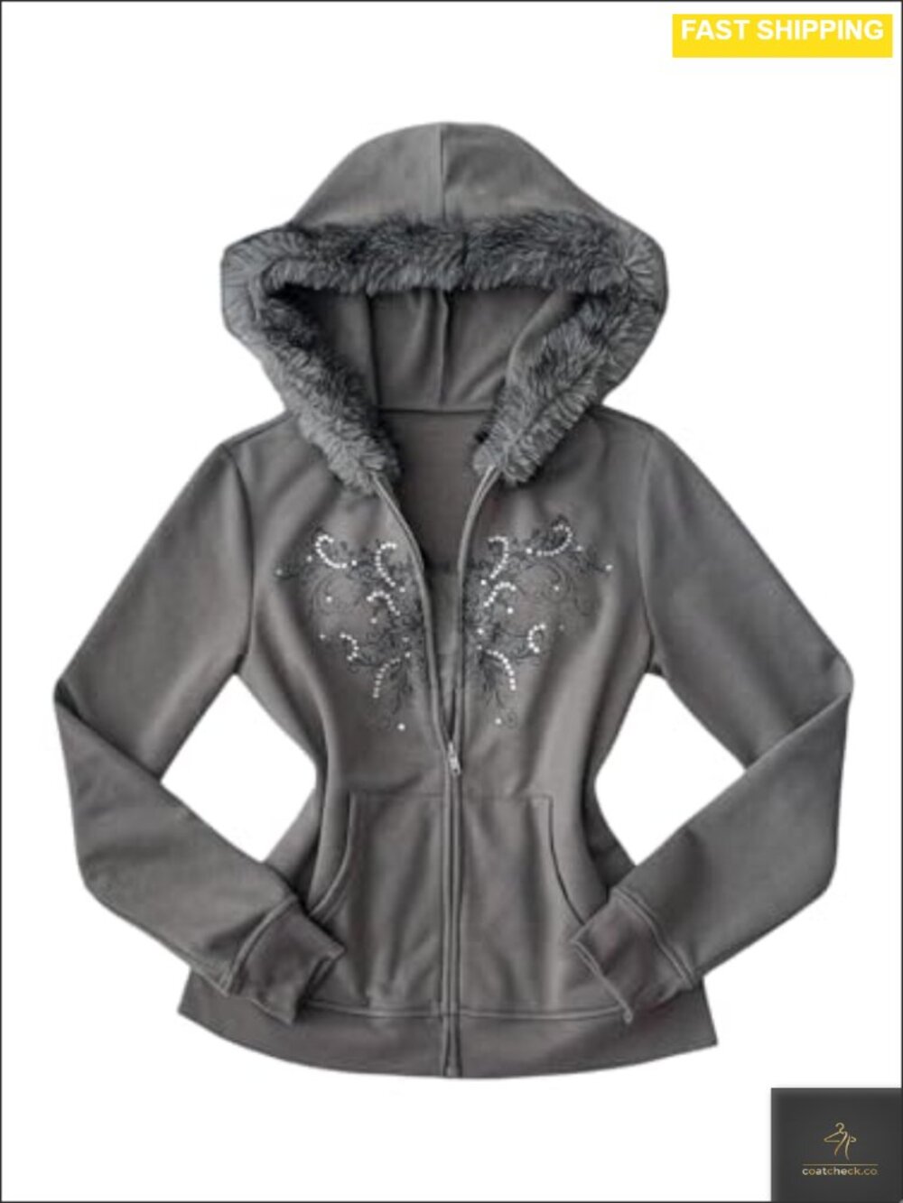 Faux Fur Zip Up Hoodie Rhinestone Graphic Long Sleeve Sweatshirt